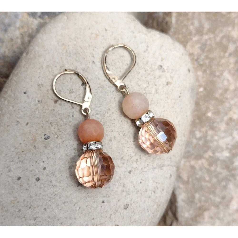 Vintage Peach Quartz Crystal Gold tone Dangle Earrings